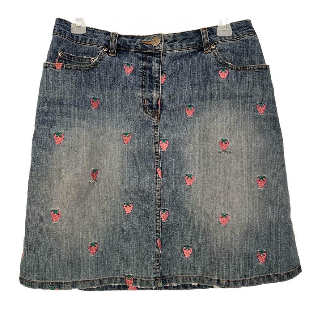 Lilly Pulitzer Strawberry Blue Denim Skirt Womens Size 4 Above Knee Jean Stretch
